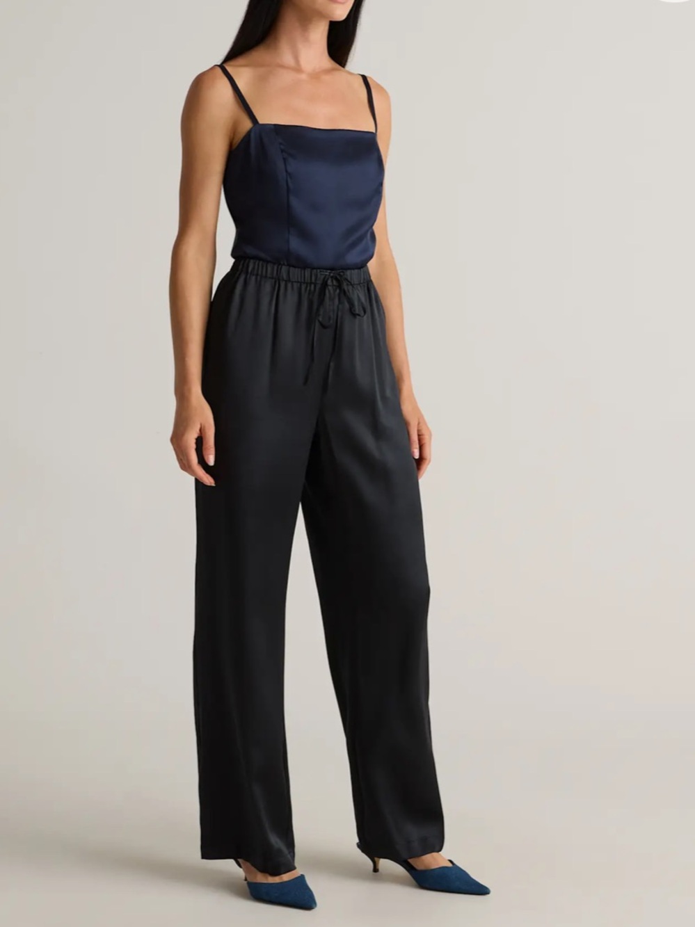 Quince • 100% Washable Silk Drawstring Wide Leg Pants Black